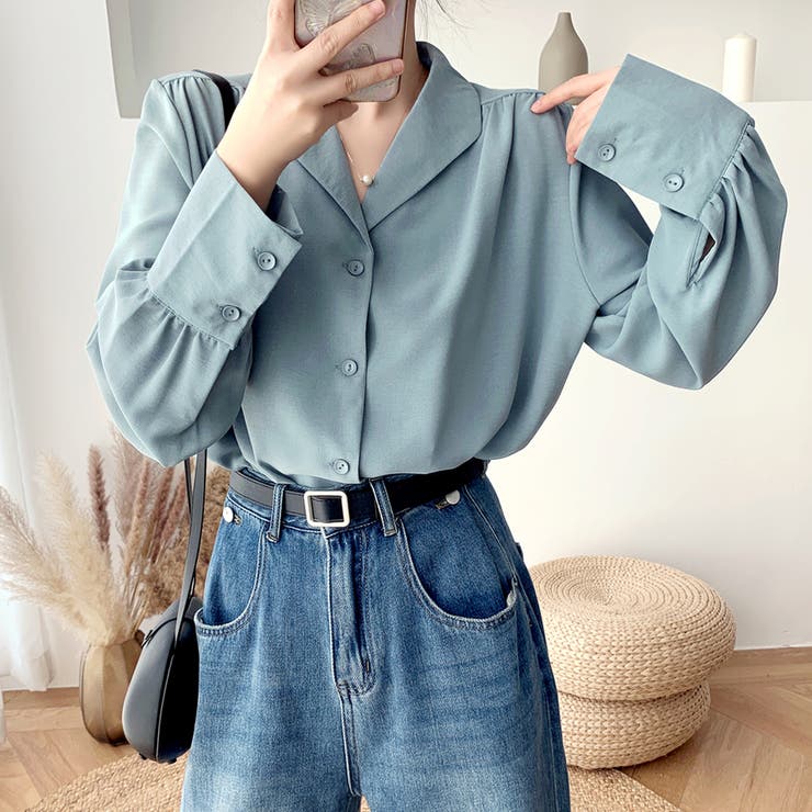 美品✨ルフィル ラウンドカラーブラウス シャツ トップス ブルー シャツ レディース トップス 長袖 ブラウス オーペンカラー[品番