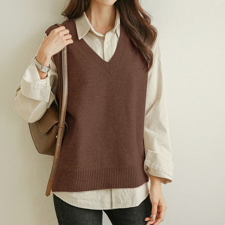 ブラウン | Vネックノースリーブニットベスト | Doux Belle 