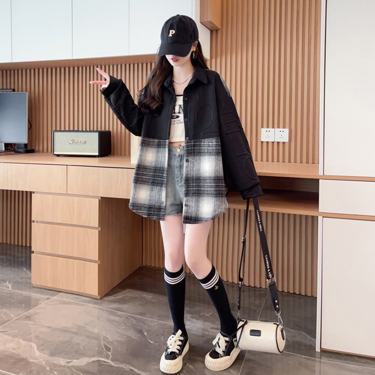 切り替えデザイン チェック柄 トップス[品番：DBLW0001736]｜Doux