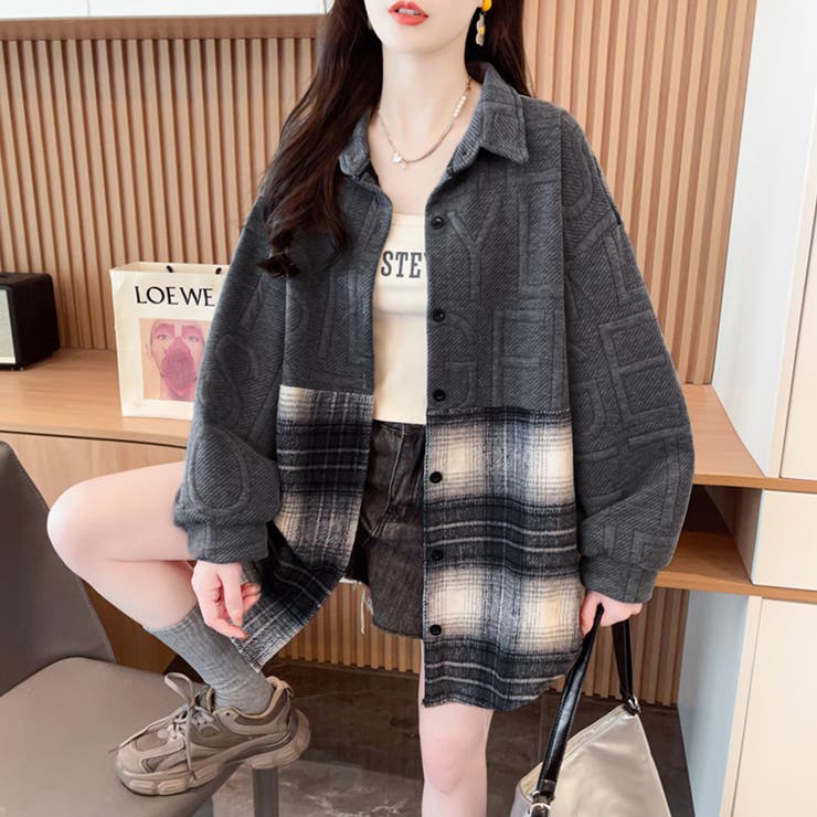 切り替えデザイン チェック柄 トップス[品番：DBLW0001736]｜Doux 