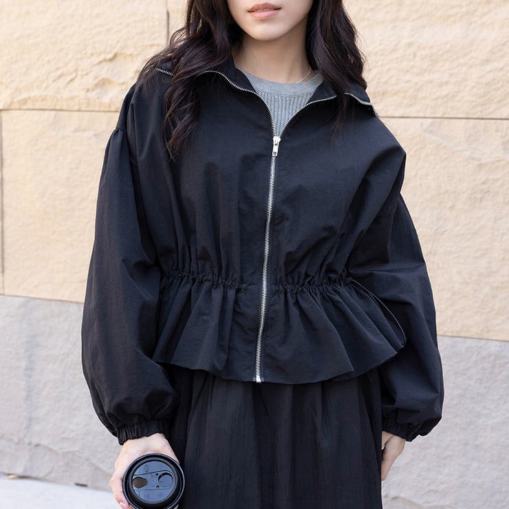 ブラック | ペプラムジャケット アウター フロントジップ | Doux Belle 