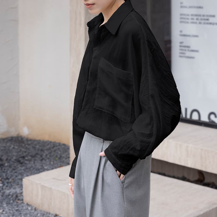 ブラック | シアーシャツ ロング丈 ポケット付き | Doux Belle 