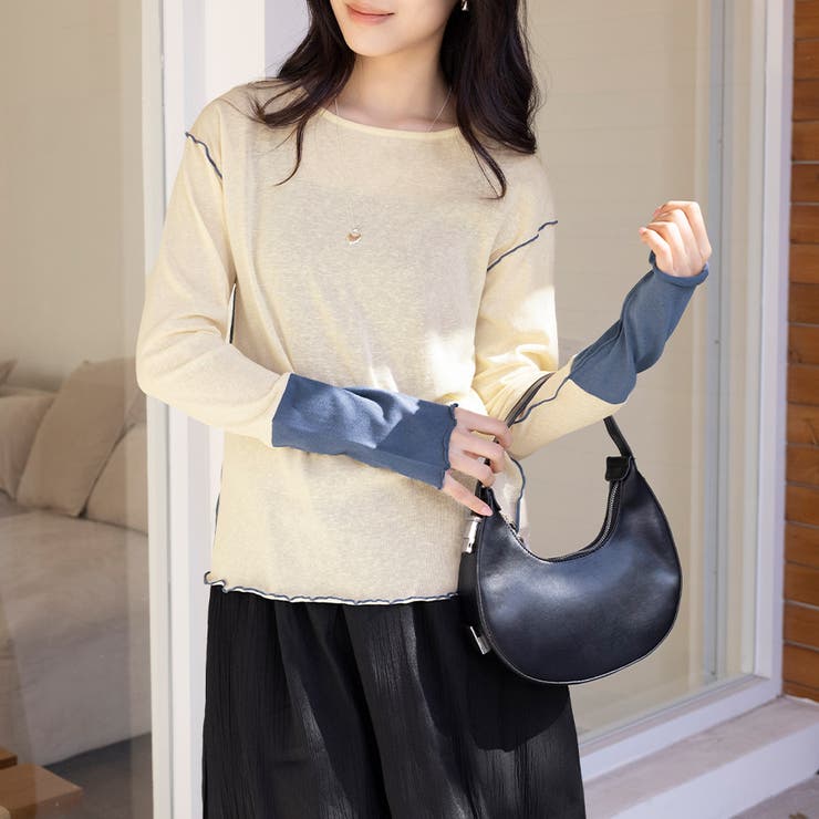 ベージュ_ブルー | バイカラートップス | Doux Belle 