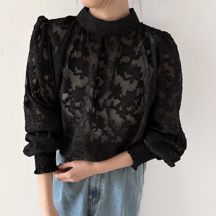 ブラック | レースシアータートルネックブラウス | Doux Belle 