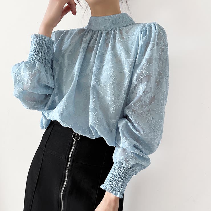 ブルー | レースシアータートルネックブラウス | Doux Belle 