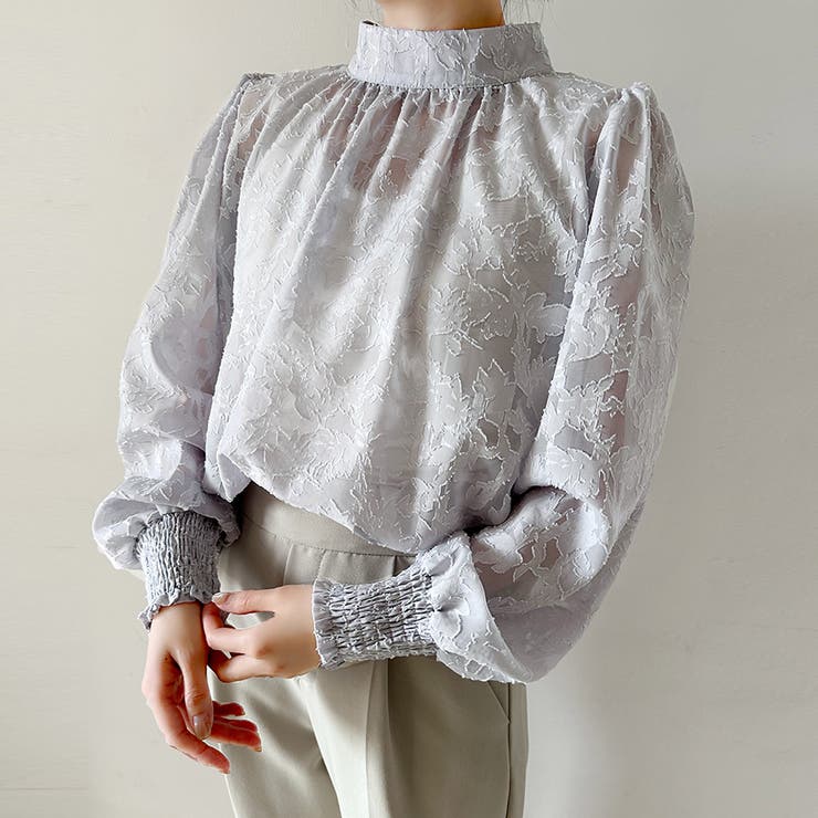 グレー | レースシアータートルネックブラウス | Doux Belle 