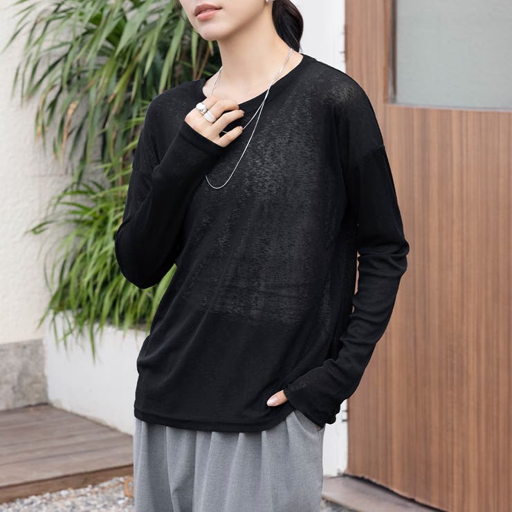 TYPE2ブラック | 2typeラウンドネックシアートップス | Doux Belle 
