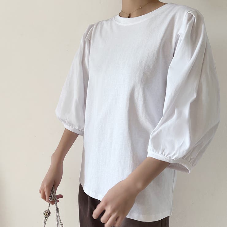 ホワイト | コットン素材シンプルボリュームスリーブカットソー | Doux Belle 