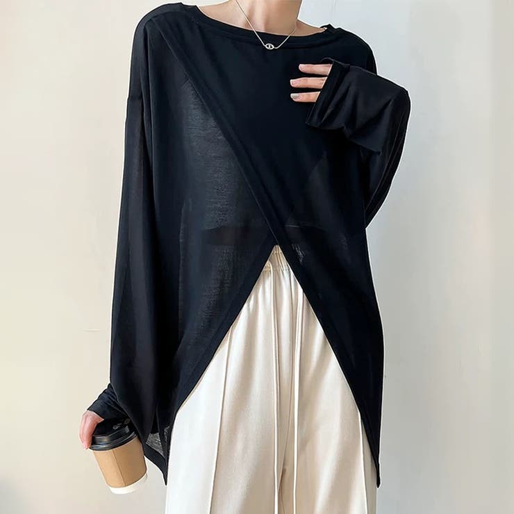 ブラック | 前後2way仕様ラウンドネックシアーカットソー | Doux Belle 