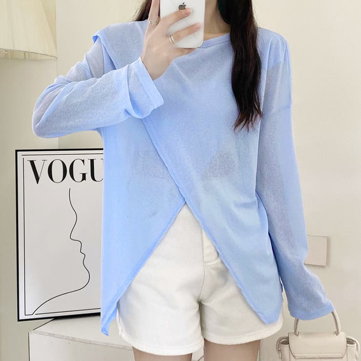 ブルー | 前後2way仕様ラウンドネックシアーカットソー | Doux Belle 