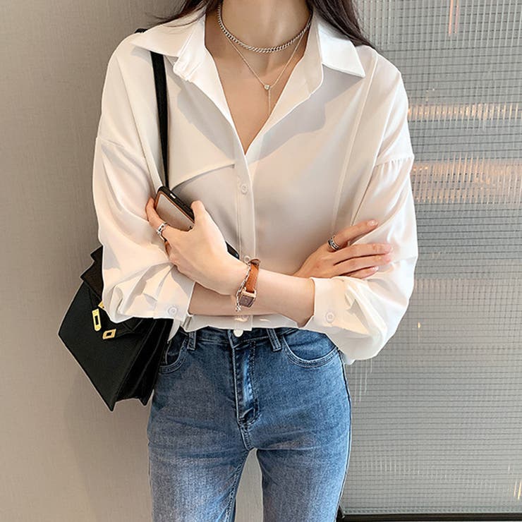 ホワイト | タック袖ベーシックシャツ | Doux Belle 