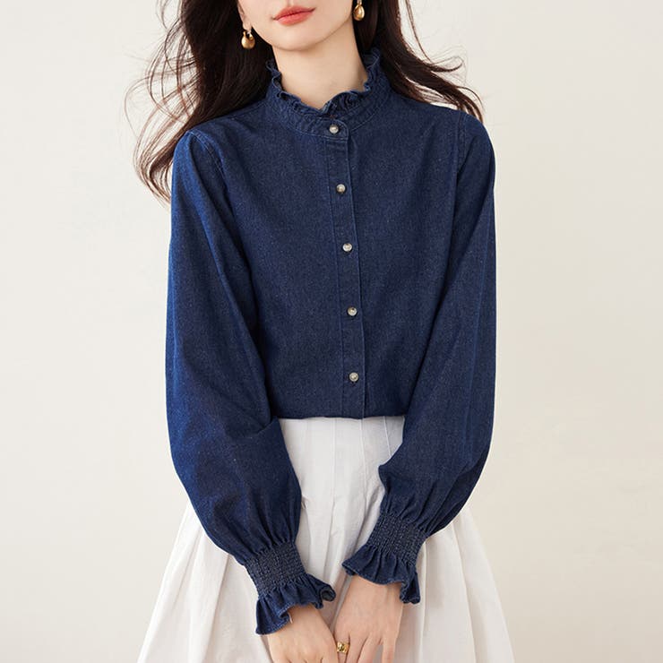 ダークブルー | フリル襟デニムブラウス | Doux Belle 