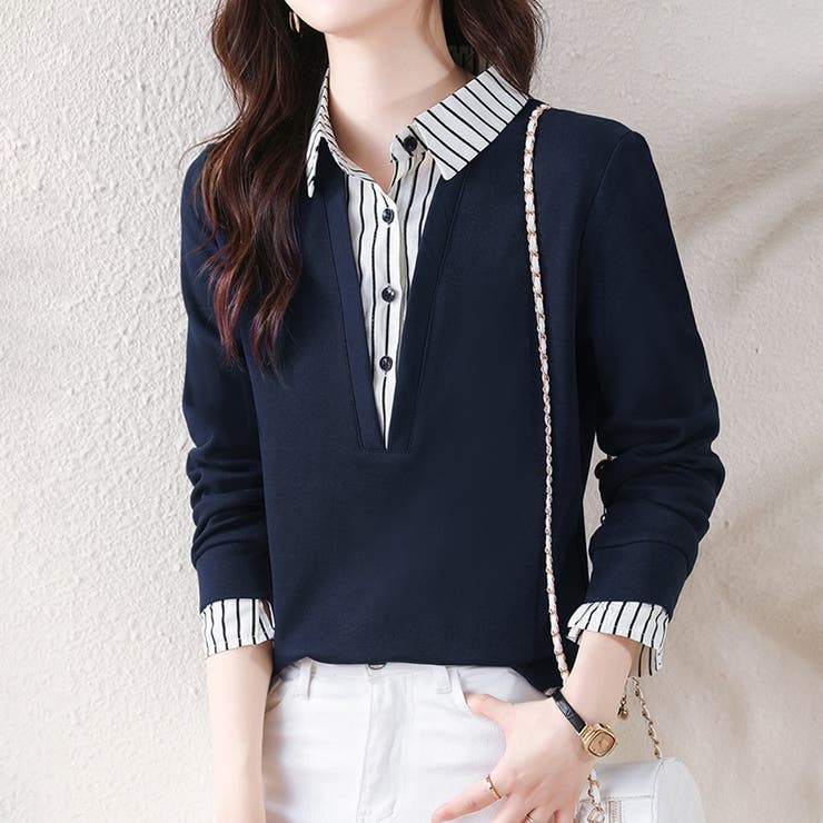 ストライプシャツ×プルオーバードッキングトップス | Doux Belle  | 詳細画像3 