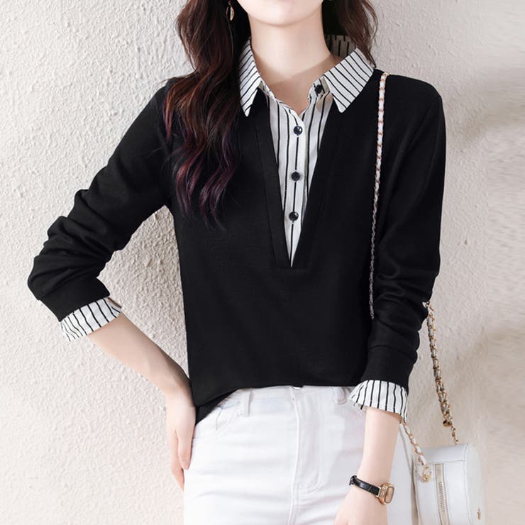 ブラック | ストライプシャツ×プルオーバードッキングトップス | Doux Belle 