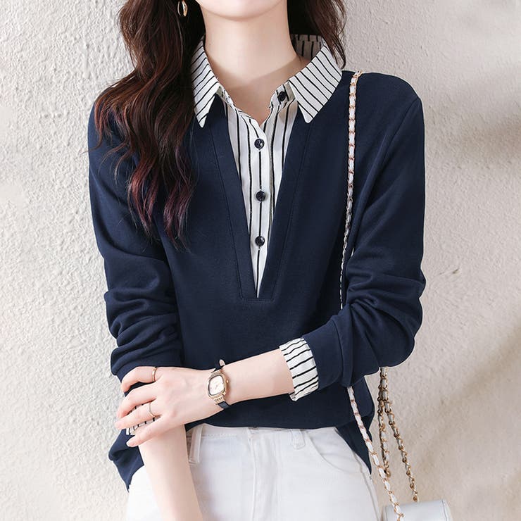 ネイビー | ストライプシャツ×プルオーバードッキングトップス | Doux Belle 