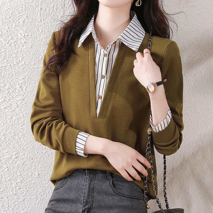 カーキ | ストライプシャツ×プルオーバードッキングトップス | Doux Belle 