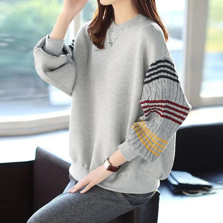 グレー | 配色ライン×ギャザー袖スウェット | Doux Belle 