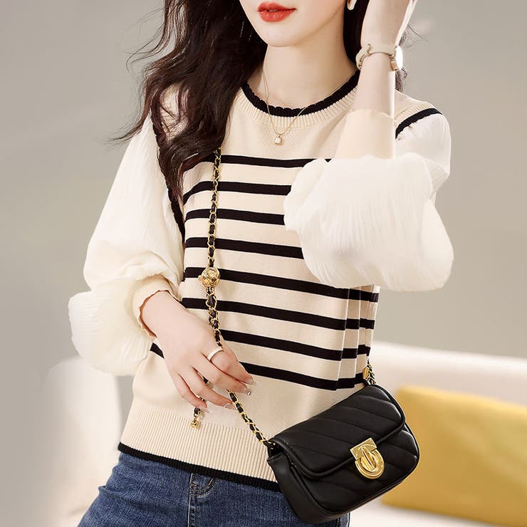 ボーダー×プリーツ袖ドッキングブラウス | Doux Belle  | 詳細画像1 