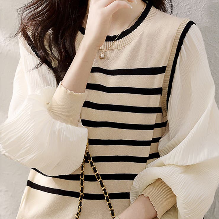 ボーダー×プリーツ袖ドッキングブラウス | Doux Belle  | 詳細画像2 