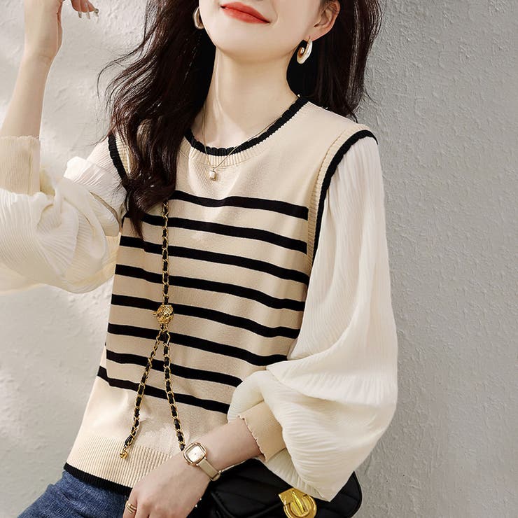 ボーダー×プリーツ袖ドッキングブラウス | Doux Belle  | 詳細画像4 