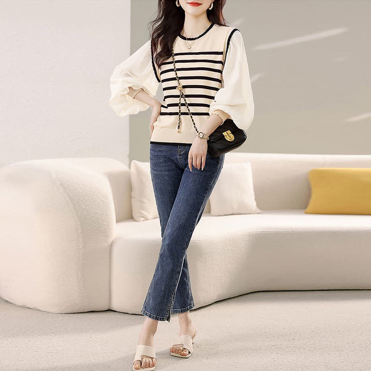 ボーダー×プリーツ袖ドッキングブラウス | Doux Belle  | 詳細画像5 