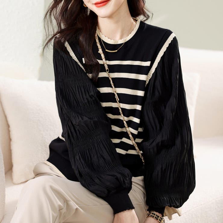 ボーダー×プリーツ袖ドッキングブラウス | Doux Belle  | 詳細画像6 