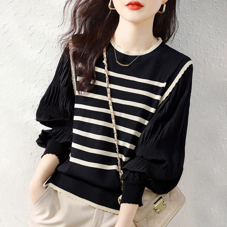 ボーダー×プリーツ袖ドッキングブラウス | Doux Belle  | 詳細画像8 