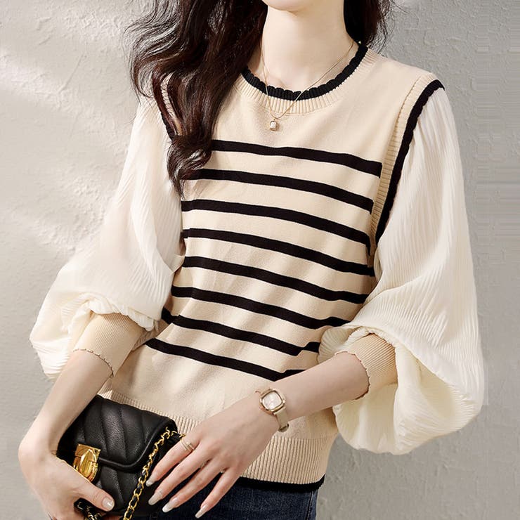 ベージュ | ボーダー×プリーツ袖ドッキングブラウス | Doux Belle 