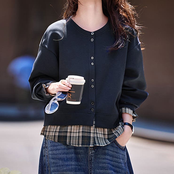 ネイビー | レイヤード風チェック柄トップス | Doux Belle 