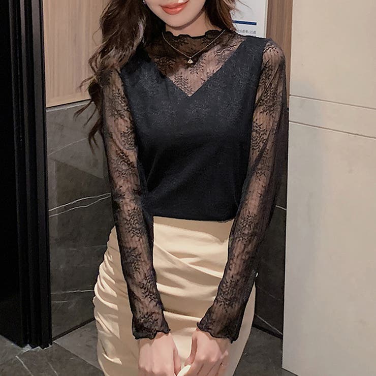 ブラック | 総レースハイネックシアートップス | Doux Belle 