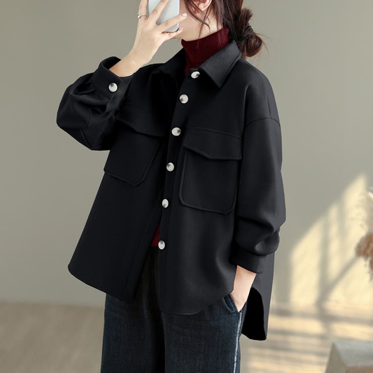 ブラック | ウール調シャツジャケット | Doux Belle 