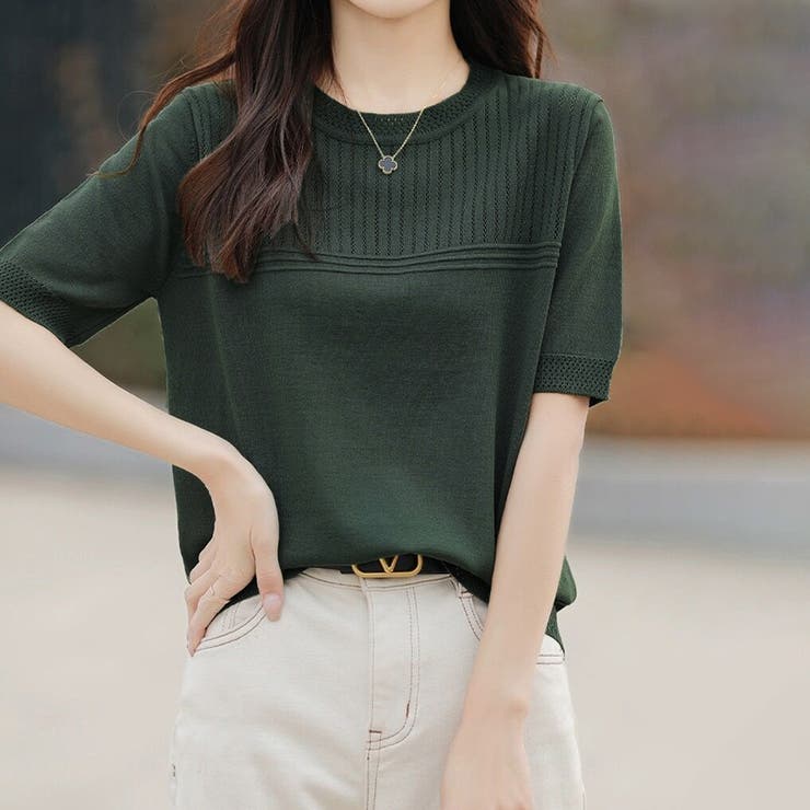 リブ切り替え×半袖ニットトップス | Doux Belle  | 詳細画像1 