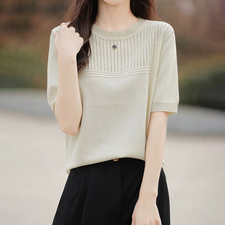 リブ切り替え×半袖ニットトップス | Doux Belle  | 詳細画像10 