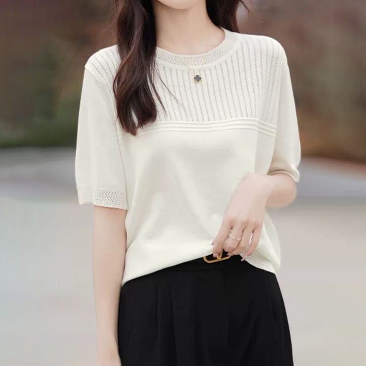 リブ切り替え×半袖ニットトップス | Doux Belle  | 詳細画像15 