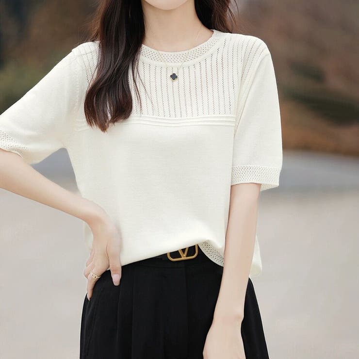 リブ切り替え×半袖ニットトップス | Doux Belle  | 詳細画像16 