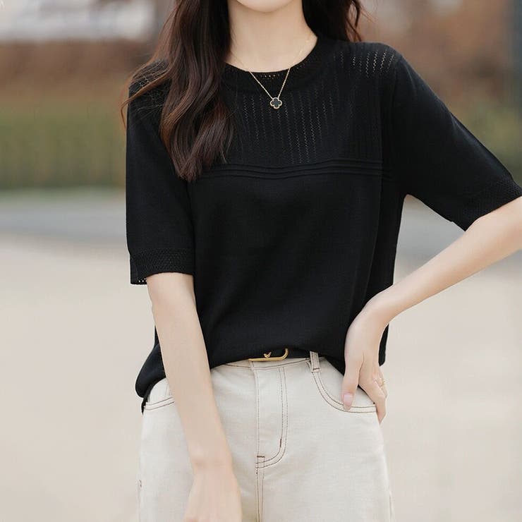 リブ切り替え×半袖ニットトップス | Doux Belle  | 詳細画像19 