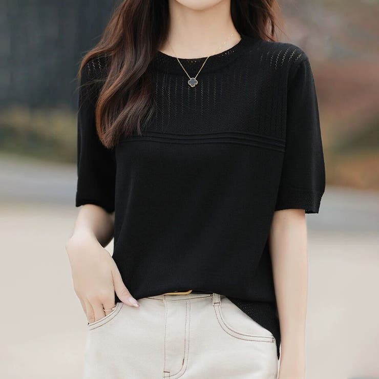 リブ切り替え×半袖ニットトップス | Doux Belle  | 詳細画像21 