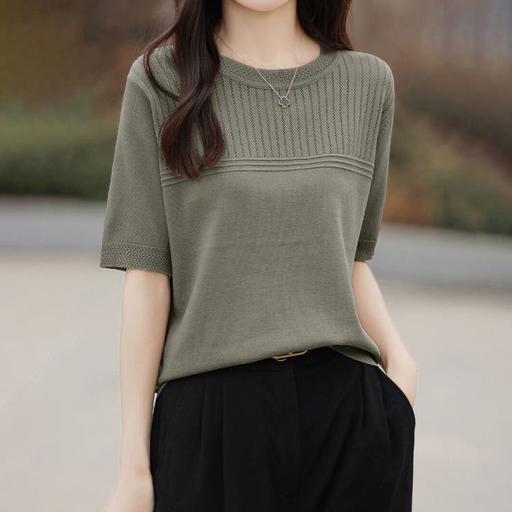リブ切り替え×半袖ニットトップス | Doux Belle  | 詳細画像7 
