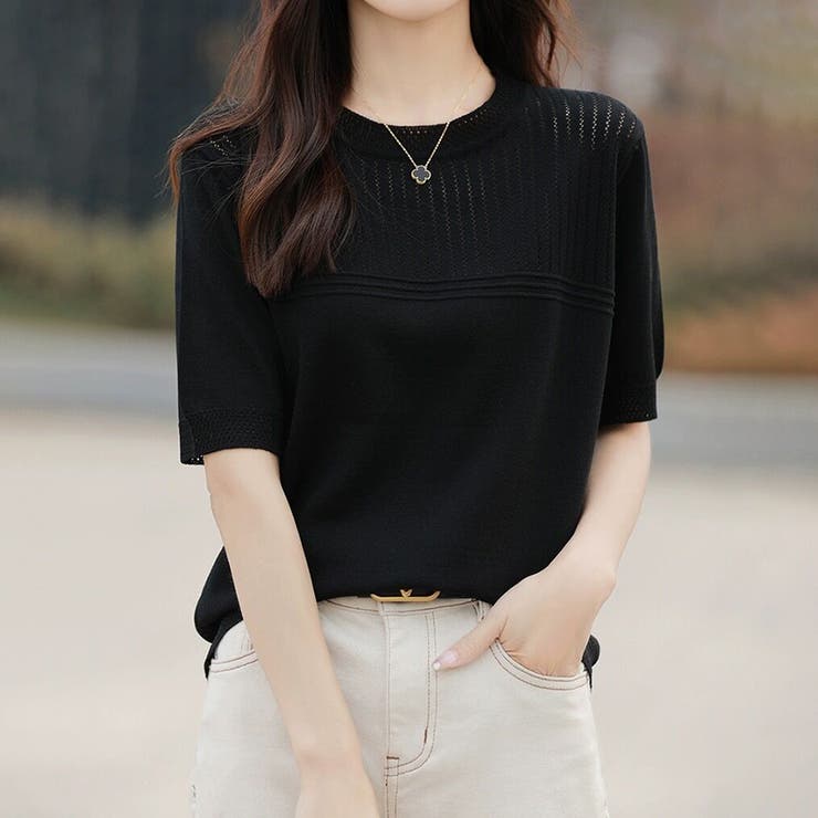ブラック | リブ切り替え×半袖ニットトップス | Doux Belle 