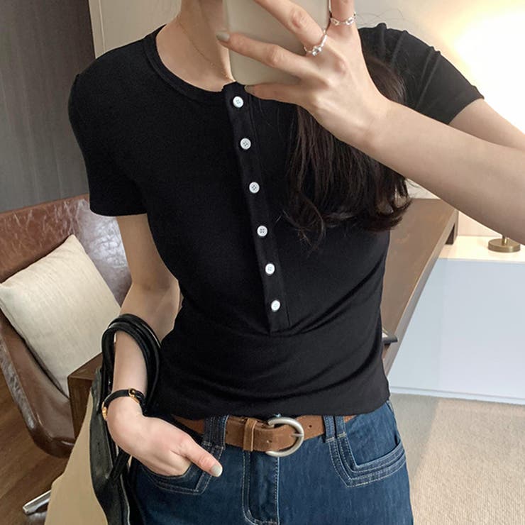 ブラック | ハーフボタンヘンリーネックトップス | Doux Belle 