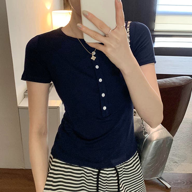 ネイビー | ハーフボタンヘンリーネックトップス | Doux Belle 