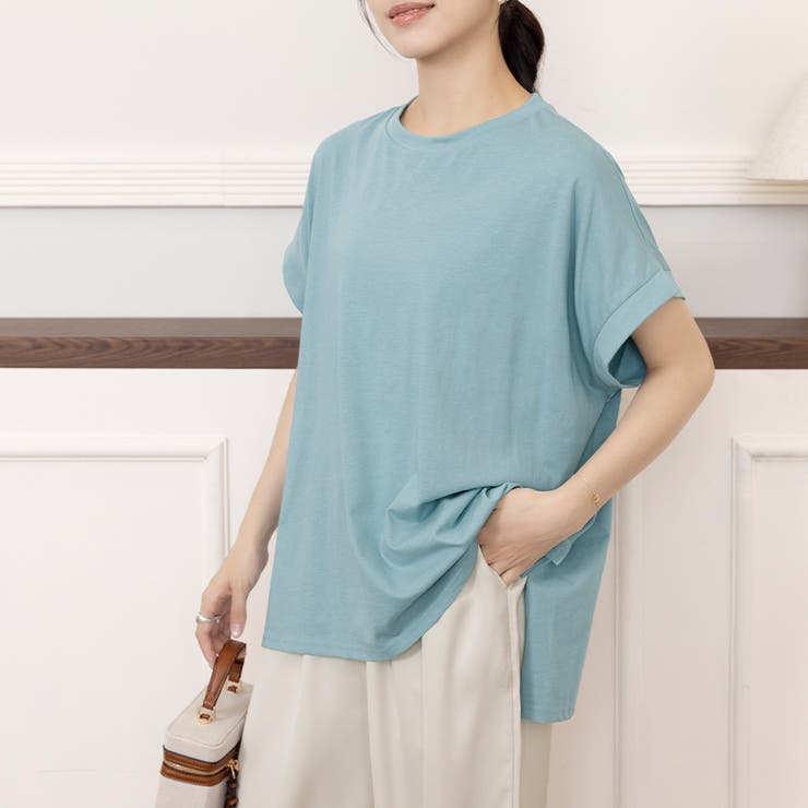 アクアブルー | サイドスリットラウンドネックカットソー | Doux Belle 