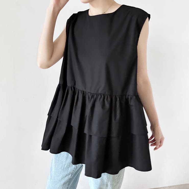 ブラック | ペプラム風ギンガムチェックトップス | Doux Belle 