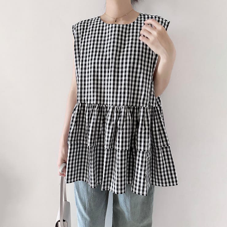 ブラックチェック | ペプラム風ギンガムチェックトップス | Doux Belle 