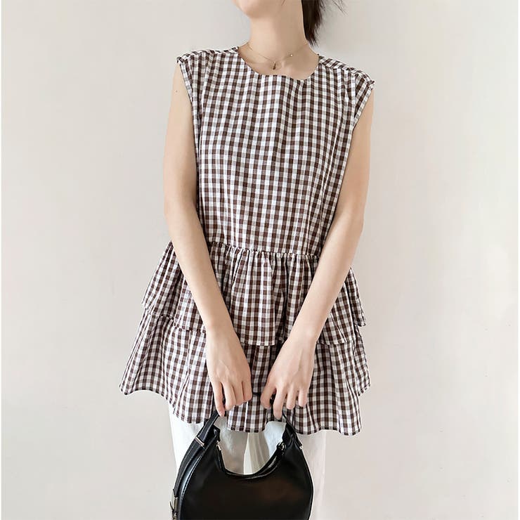 ブラウンチェック | ペプラム風ギンガムチェックトップス | Doux Belle 
