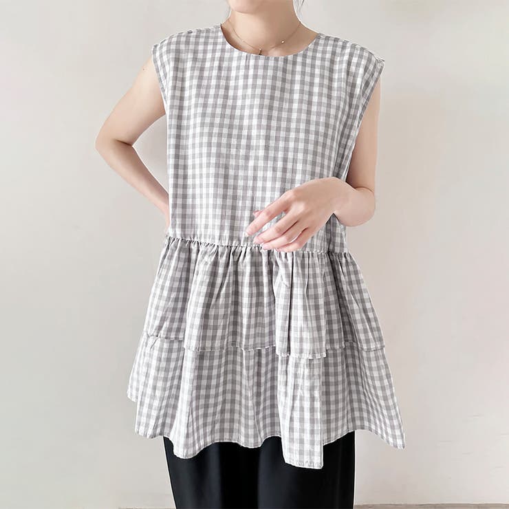グレーチェック | ペプラム風ギンガムチェックトップス | Doux Belle 