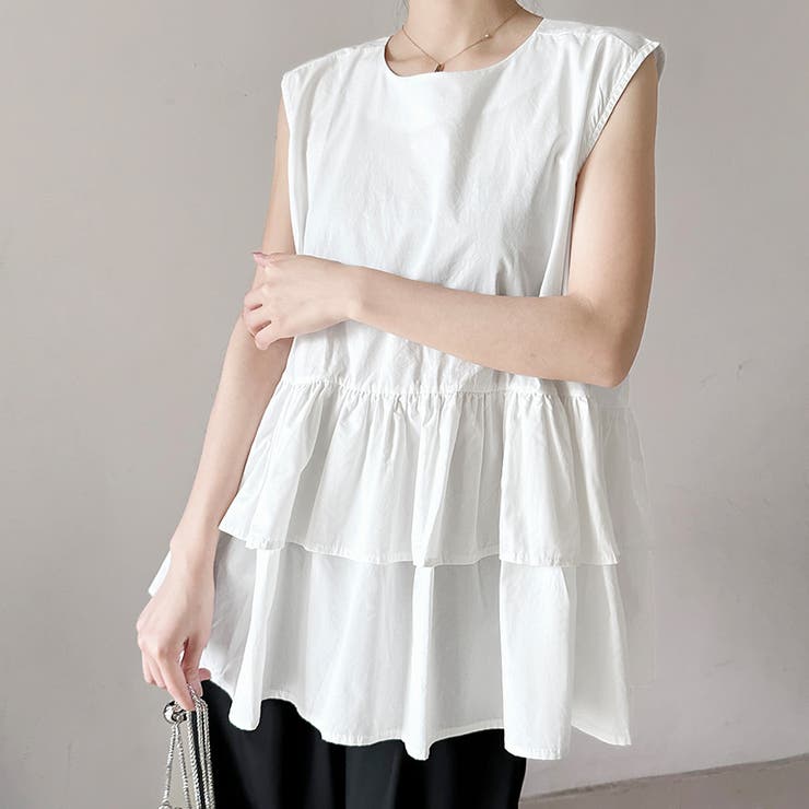 ホワイト | ペプラム風ギンガムチェックトップス | Doux Belle 