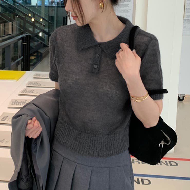 グレー | 襟付きサマーニットカットソー | Doux Belle 