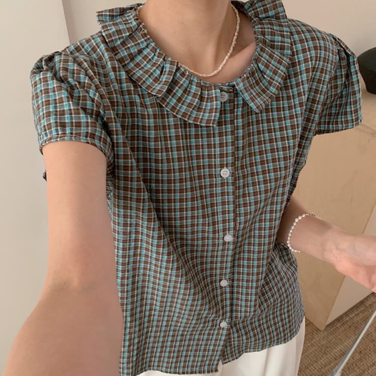 フリルデザインチェック柄シャツ[品番：DBLW0001924]｜Doux