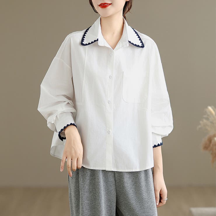 ホワイト | スカラップ刺繍襟長袖シャツ レディース トップス | Doux Belle 